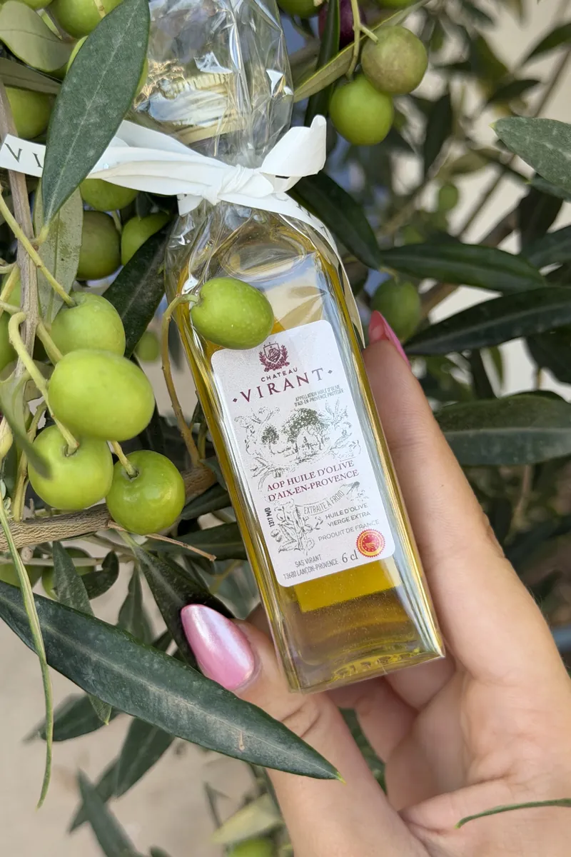huile d'olive AOP Château Virant parmi les olives, cadeau d'anniversaire artisanal qui raconte une histoire